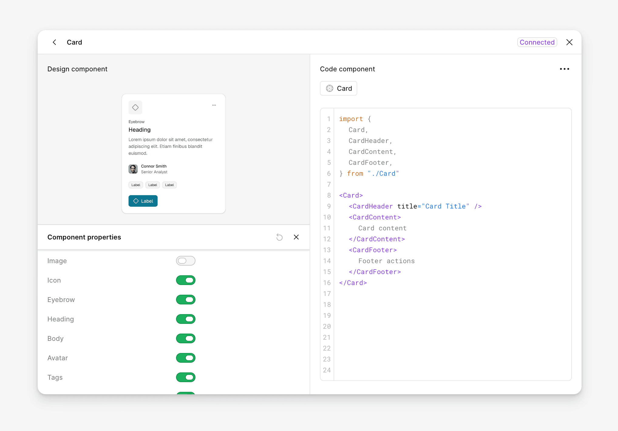 Code Connect showing component code in Figma Dev Mode