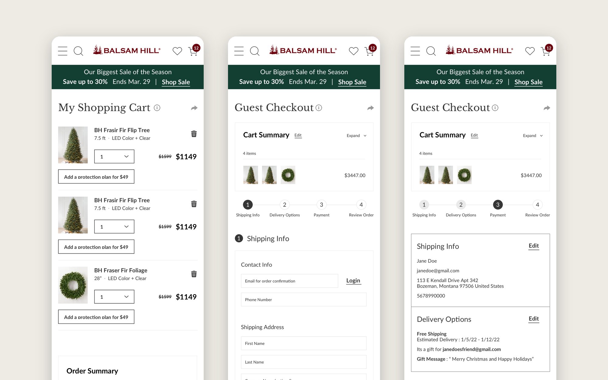 Balsam Hill mobile screens: the shopping cart, guest checkout shipping details, and payment