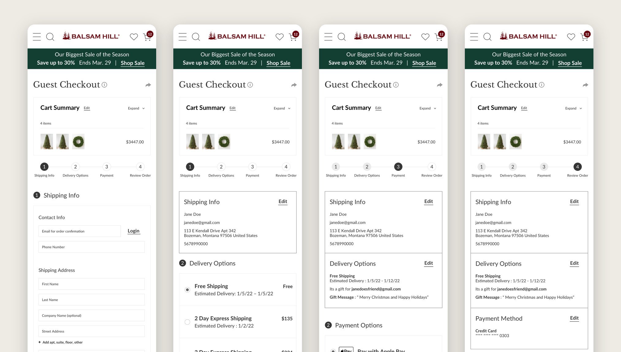 Four mobile guest checkout steps: shipping info, delivery options, payment, and review, each with a numbered progress bar and completed steps collapsed into editable summaries