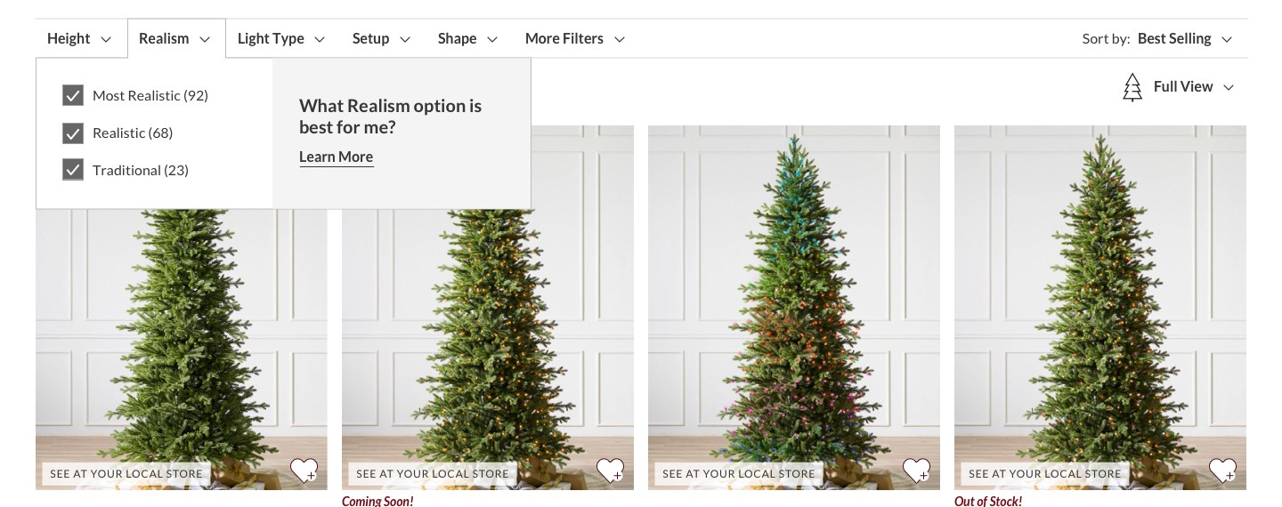 A product listing page with filters for height, realism, light type, setup, and shape, and the realism filter open with counts and a link explaining the options