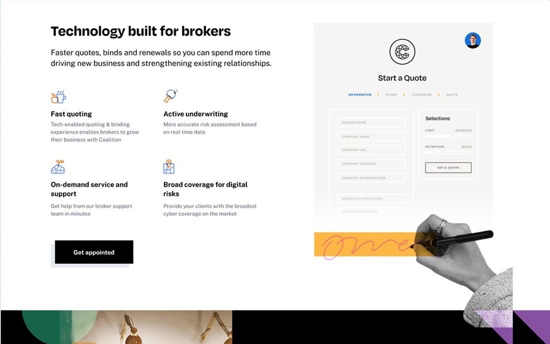 Coalition marketing pages showing a broker technology section and a customer trust band