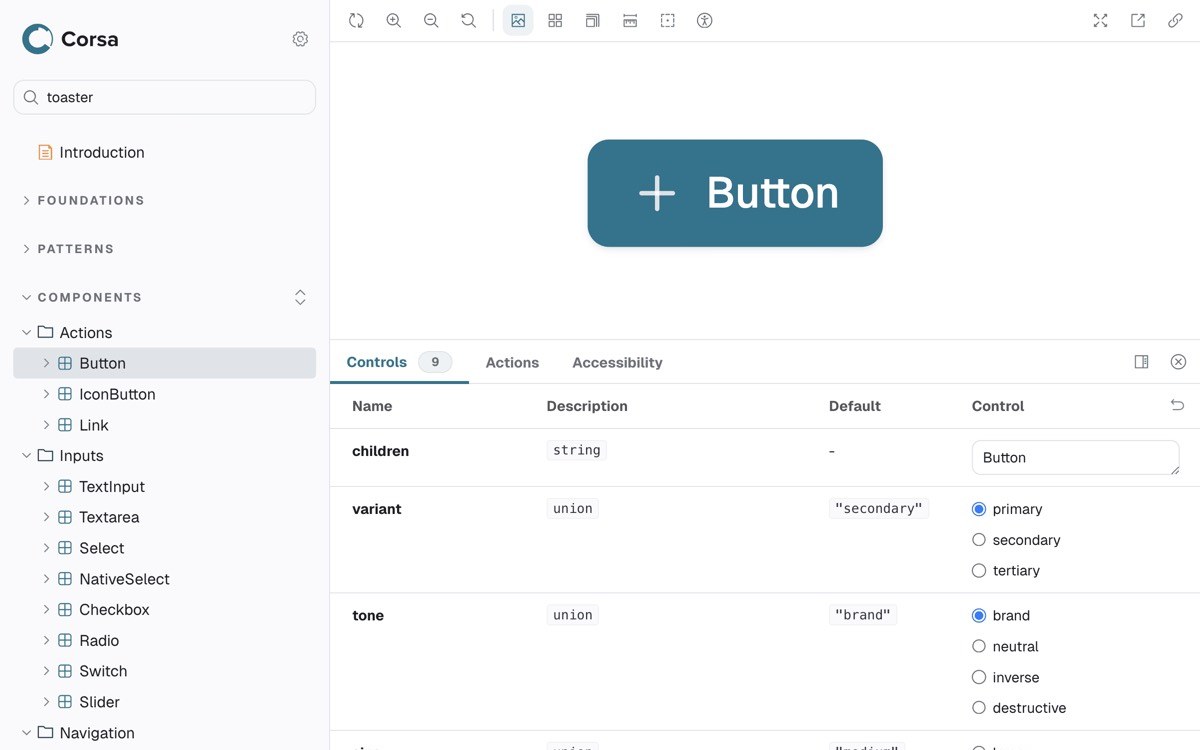 The design system’s Storybook, showing the component library