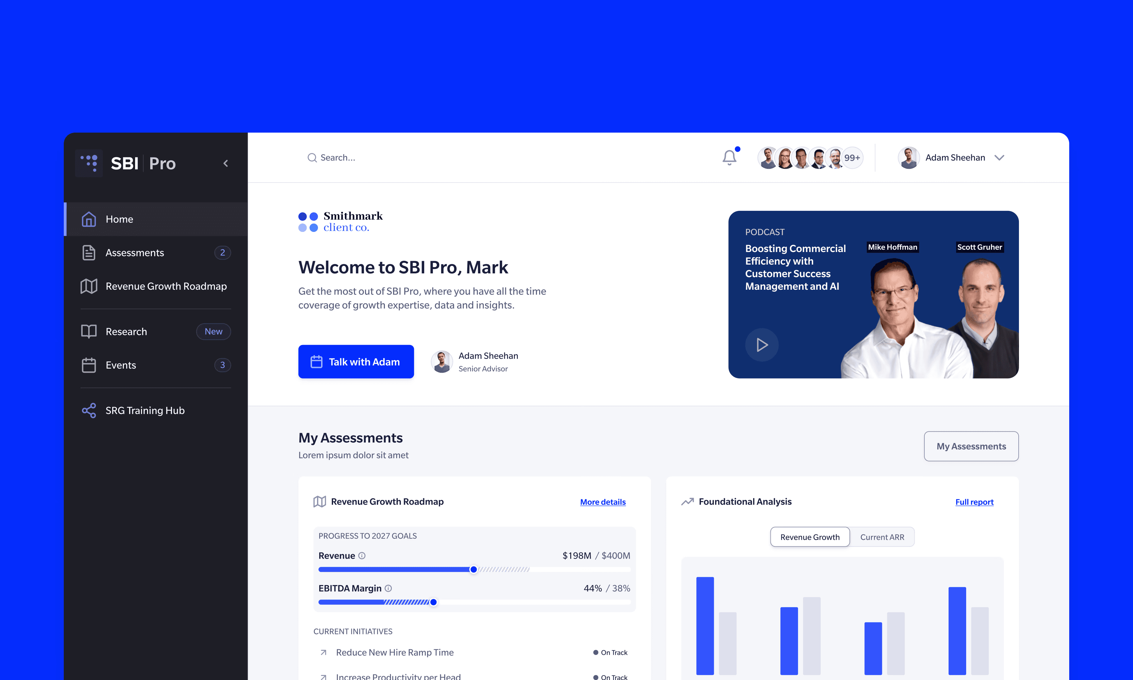 The platform’s home screen with assessments, the growth roadmap, and a foundational analysis