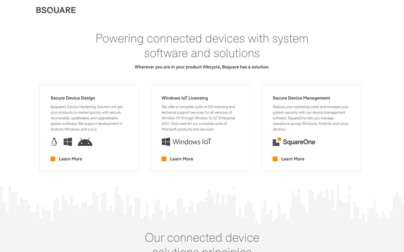 The Bsquare homepage before the redesign: centred headline and three outlined product cards on grey
