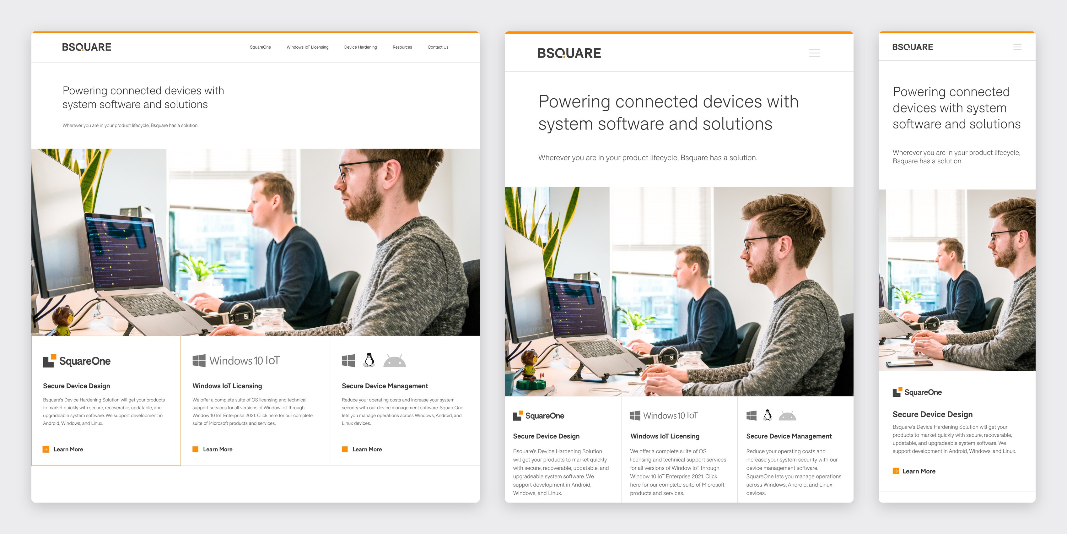 The homepage hero and product cards at desktop, tablet, and phone widths