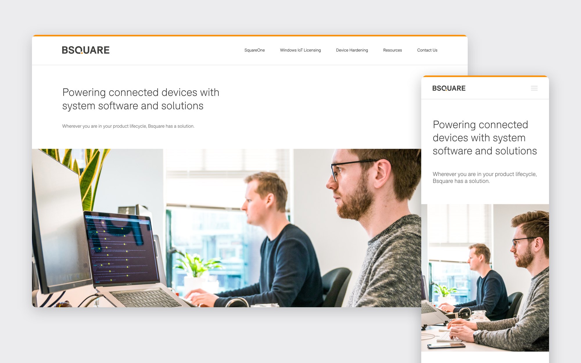 The redesigned Bsquare homepage on desktop, with the mobile layout of the same page in front