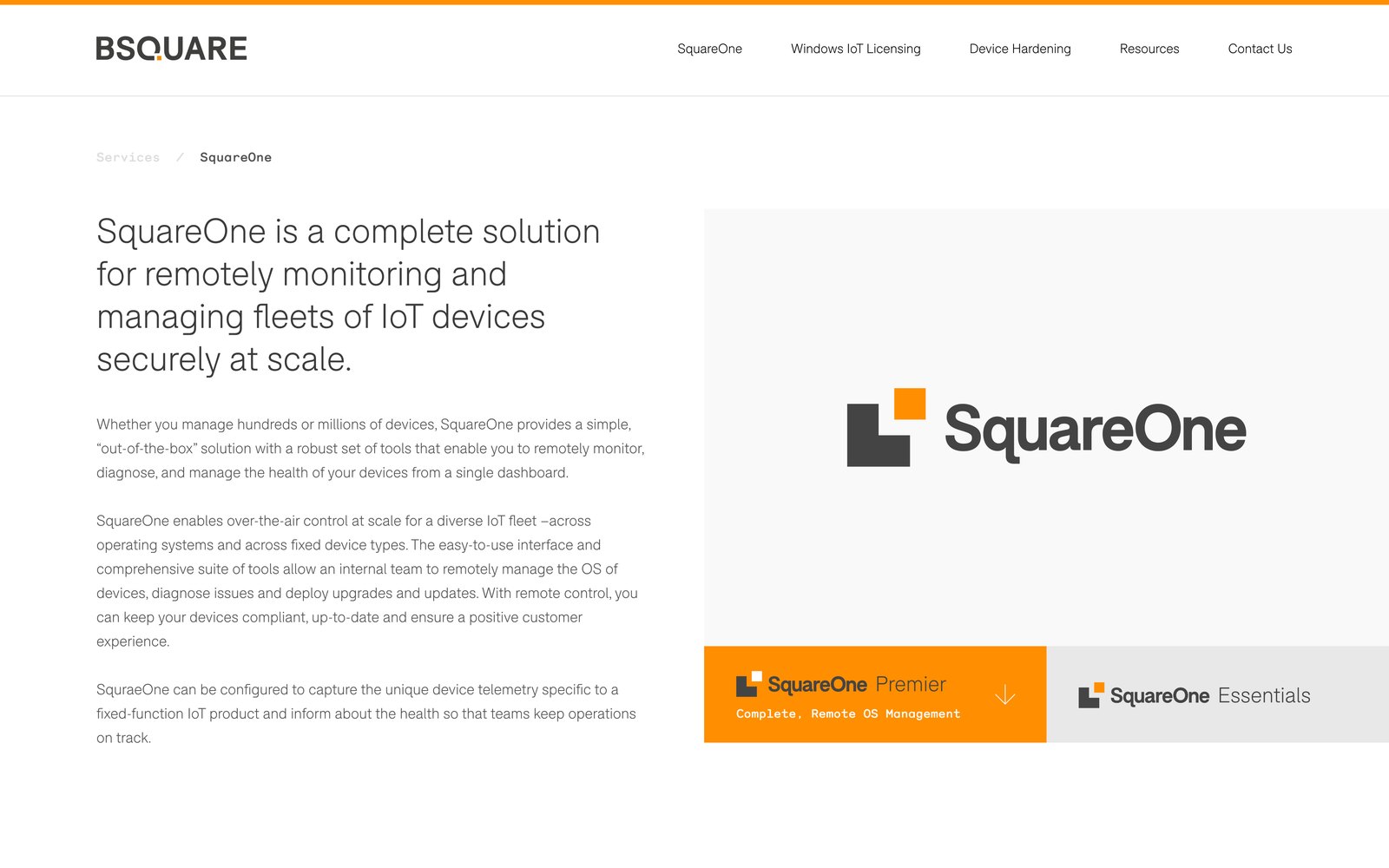 The SquareOne product page, built from the homepage's sections
