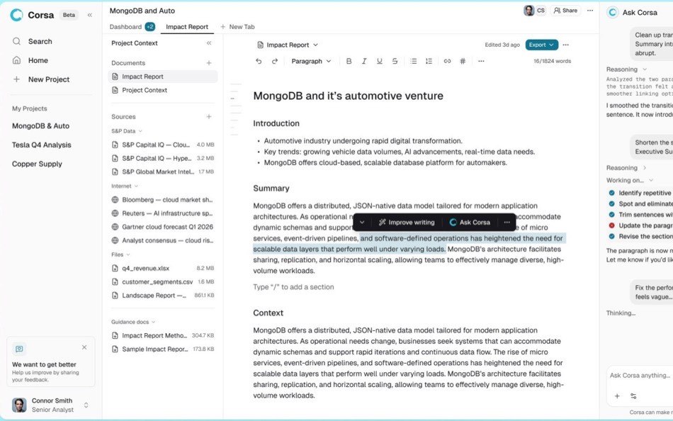 The AI research workspace, with a project's sources beside an in-progress analyst report and the research assistant panel open