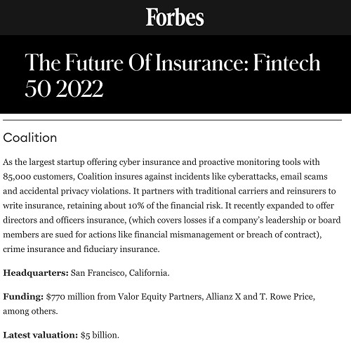 Forbes 2022 Fintech 50 recognition for Coalition